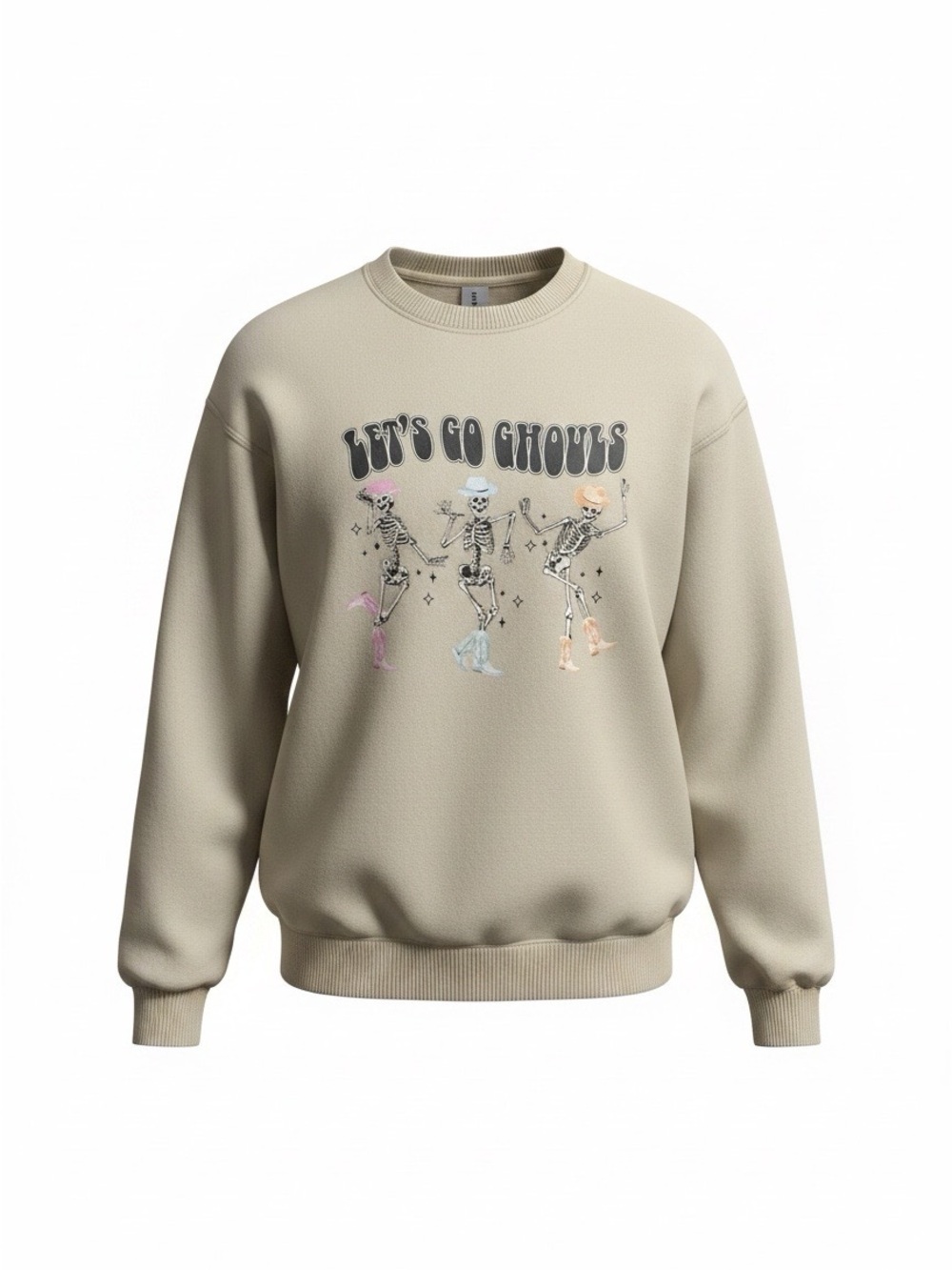 Gildan Beige Crewneck Sweatshirt with 'Let’s Go Ghouls' Skeleton Graphic - Picture 2 of 6